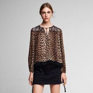 Zara Basic Animal Print Lace Trim Leopard Blouse Split Neck Size Small